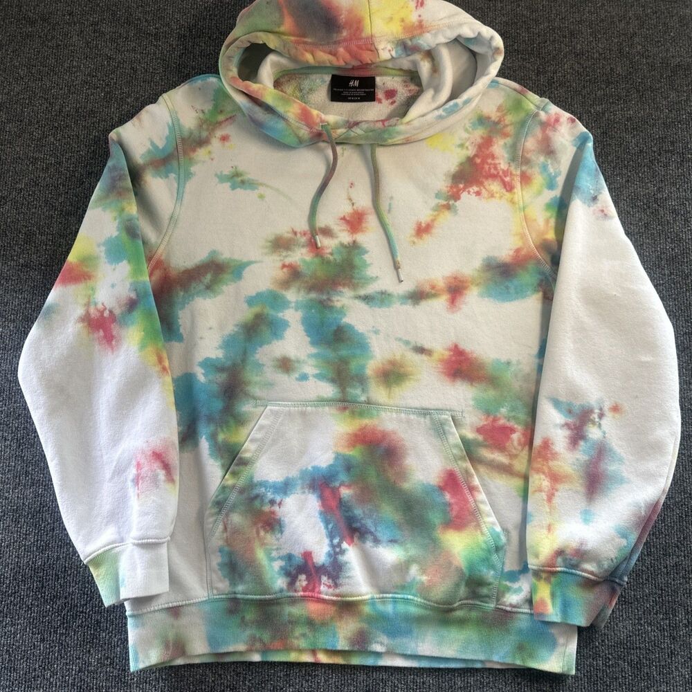 H&M Tie Dye Hoodie Size M Relaxed Fit Stylish Retro Cotton Pullover Hooded